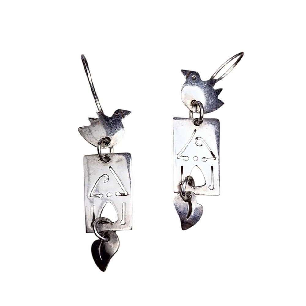 Vintage Sterling Silver Artisan Bird Earrings Signed Farfetch